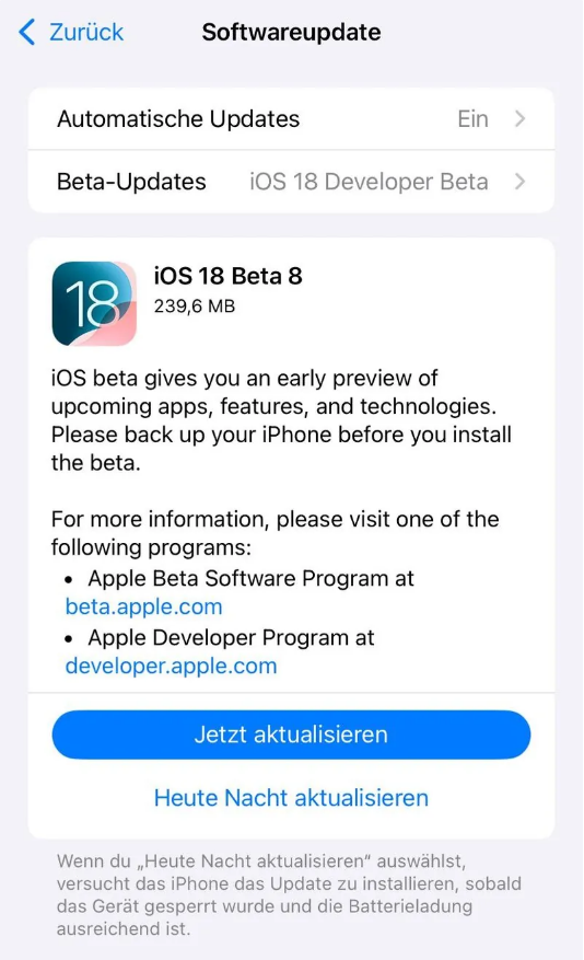 尖山苹果手机维修分享苹果 iOS / iPadOS 18 开发者预览版 Beta 8 发布 